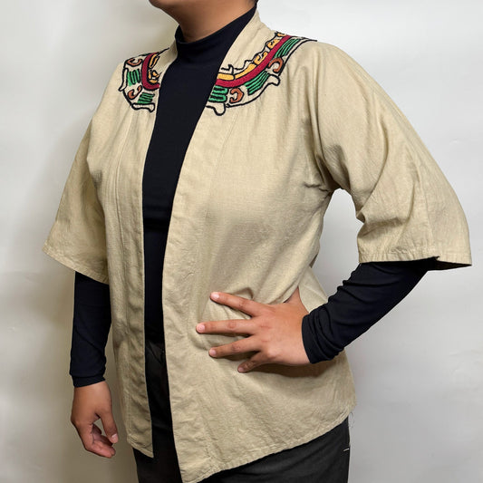 Kimono Bordado Quetzalcóatl – Arte Textil en Lino y Algodón, Hecho a Mano